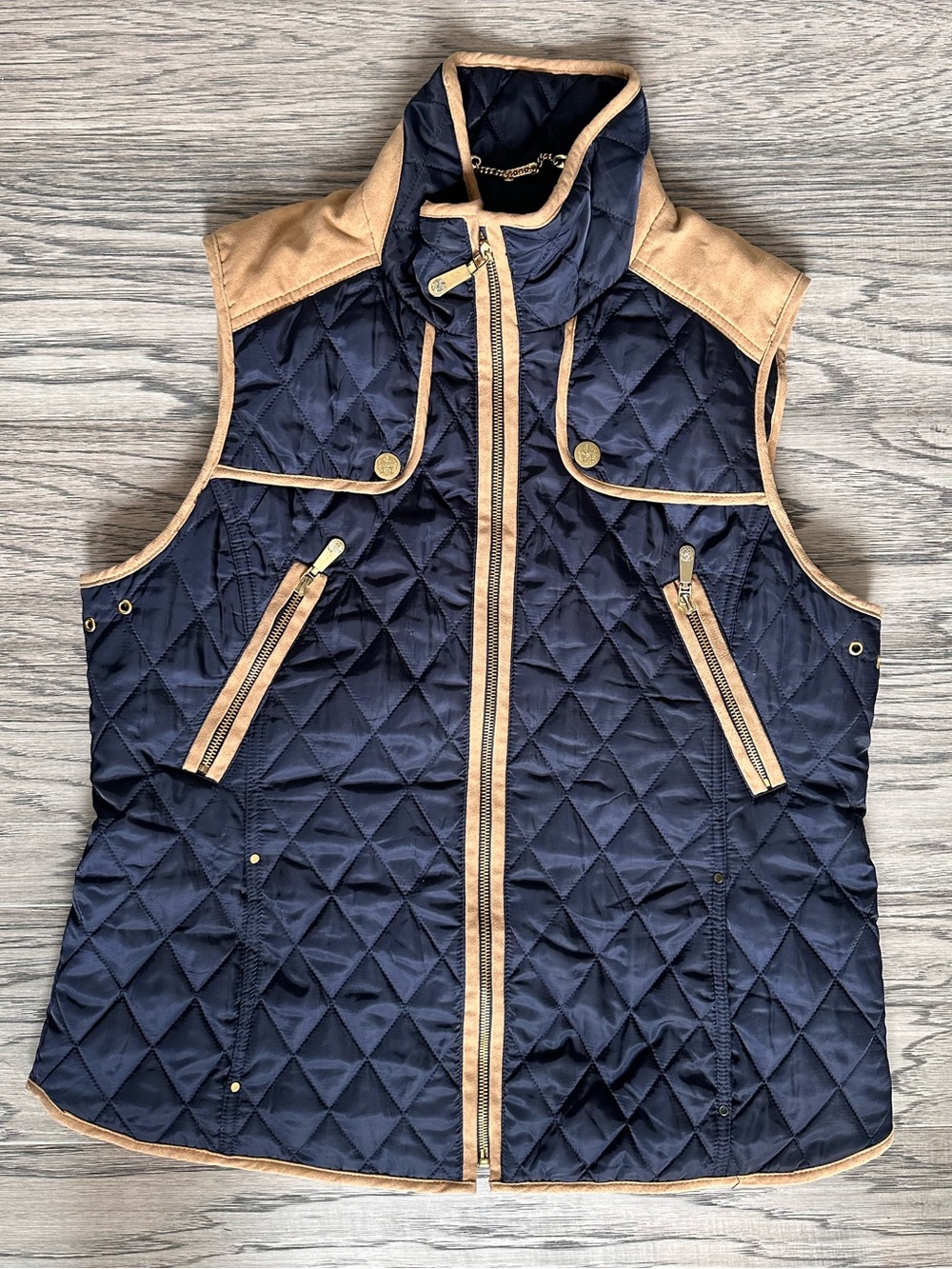 Vince Camuto Navy Quilted Sleeveless Vest with Tan Trim